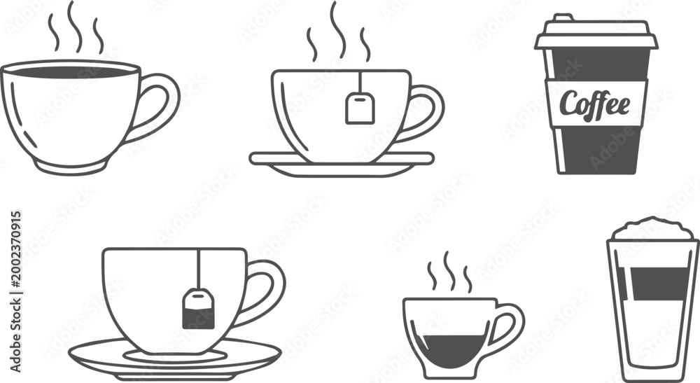 Fototapeta premium Vector Cups of coffee or tea collection , Coffee cup , Cup coffe with steam , Coffee cup icon set in outline style