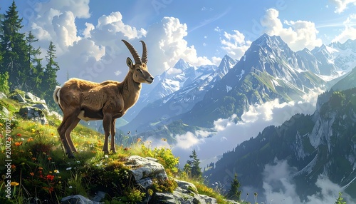 Majestic mountain goat stands