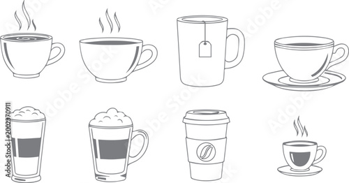 Vector Cups of coffee or tea collection , Coffee cup , Cup coffe with steam , Coffee cup icon set in outline style