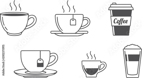 Vector Cups of coffee or tea collection , Coffee cup , Cup coffe with steam , Coffee cup icon set in outline style