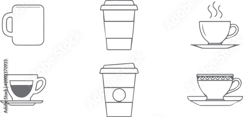 Vector Cups of coffee or tea collection , Coffee cup , Cup coffe with steam , Coffee cup icon set in outline style