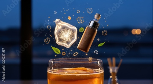 Conceptual Artisanal Kombucha Fermentation: Floating Glass Bubble and Wood Bottle Icons with SCOBY in Hazy Amber Macro Detail