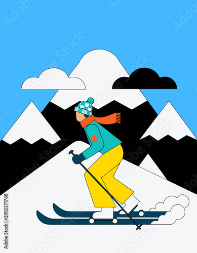 Skiing man in colorful winter attire glides down a snowy slope surrounded by stylized mountains and bright blue sky with clouds in a vibrant alpine landscape