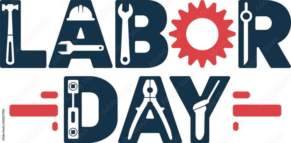 Fototapeta premium Labor Day Typography Design with Industrial Tool Icons and Gear Concept on White Background