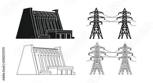 hydroelectric dam and power lines silhouette black and white