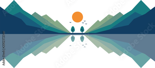Mountains reflect symmetrically across a calm water surface under a stylized sun in this minimalist landscape illustration.