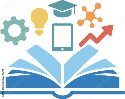 Book displaying educational icons represents the concept of learning and knowledge acquisition in a digital era.