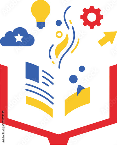Open book emits glowing icons representing education, innovation, and creative learning.