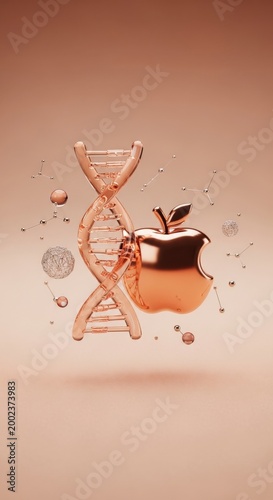 Conceptual Personalized Nutrition: Floating Peach Sapphire DNA and Liquid Copper Apple on Soft Peach Ceramic Macro Detail