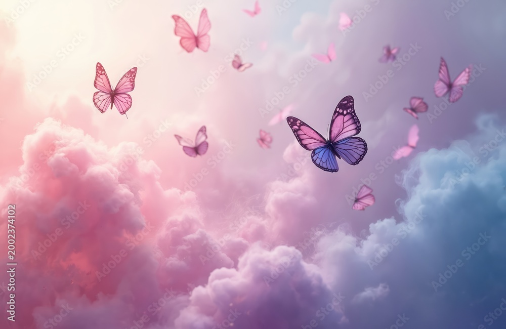Naklejka premium Pink, purple butterflies fly through soft pastel clouds, smoke. Delicate winged insects drift in dreamlike sky. Gentle colorful atmosphere creates magical mood. Peaceful nature scene with beauty,
