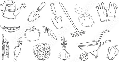 Garden tools and vegetables doodle icon set vector illustration