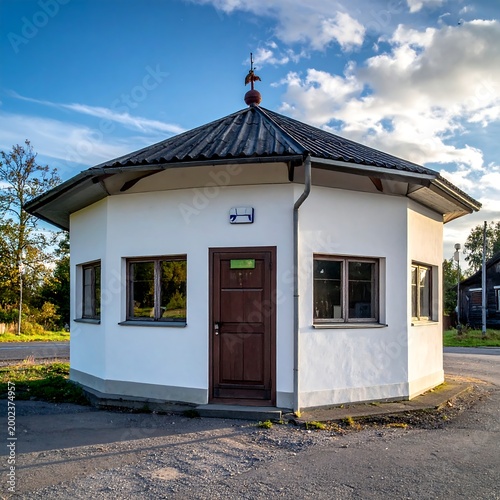 Small, white, octagonal building with dark roof and door