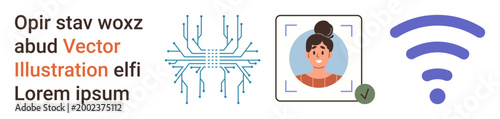 Identity verification, online security, AI, digital connectivity, wireless technology, cybersecurity. Profile photo with focus box, circuit board and wireless symbol. Identity verification