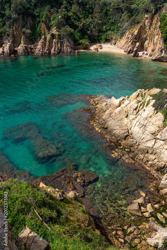 Crystal clear turquoise cove with rocky cliffs and Mediterranean vegetation