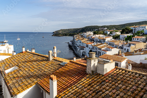 Mediterranean coastal village with white houses and terracotta rooftops