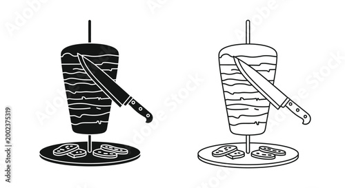 Doner kebab silhouette with knife and vegetables black and white