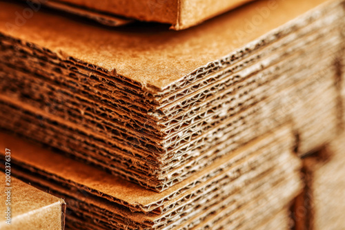 Close-up view of stacked corrugated cardboard sheets showcasing texture and layers for packaging and shipping materials in warm natural tones