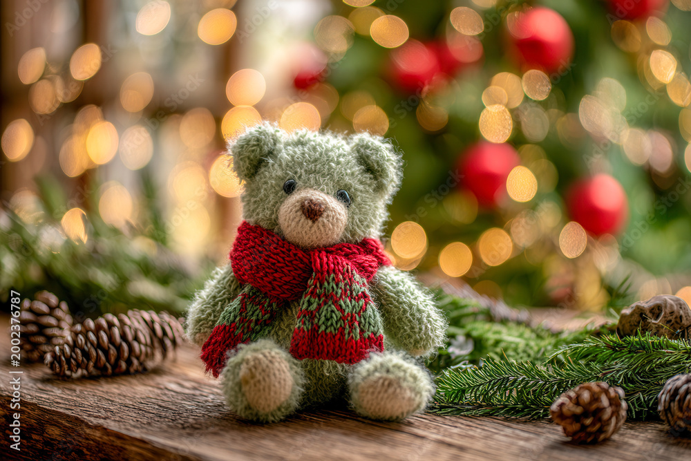Fototapeta premium Cozy knitted teddy bear with red and green scarf sitting on wooden surface surrounded by pine cones and festive decorations with warm holiday lights background