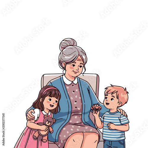 Senior woman with two kids, joyful family moment illustration