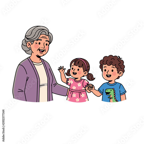 Grandmother sitting on bench with happy grandchildren, cartoon illustration