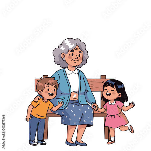 Happy family scene: grandma with boy and girl, colorful vector art