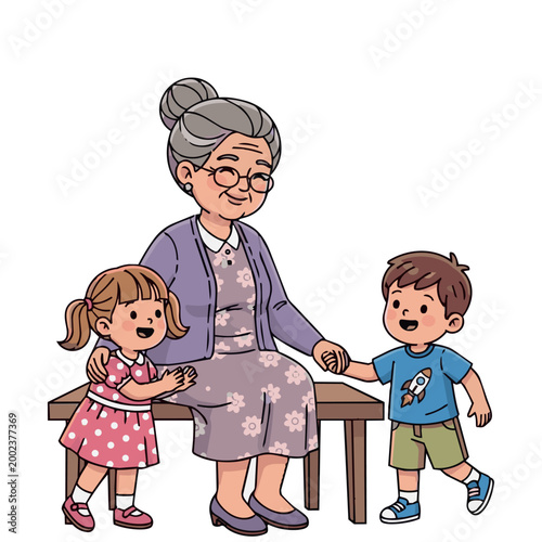 Loving grandmother and grandchildren spending time together, cartoon style
