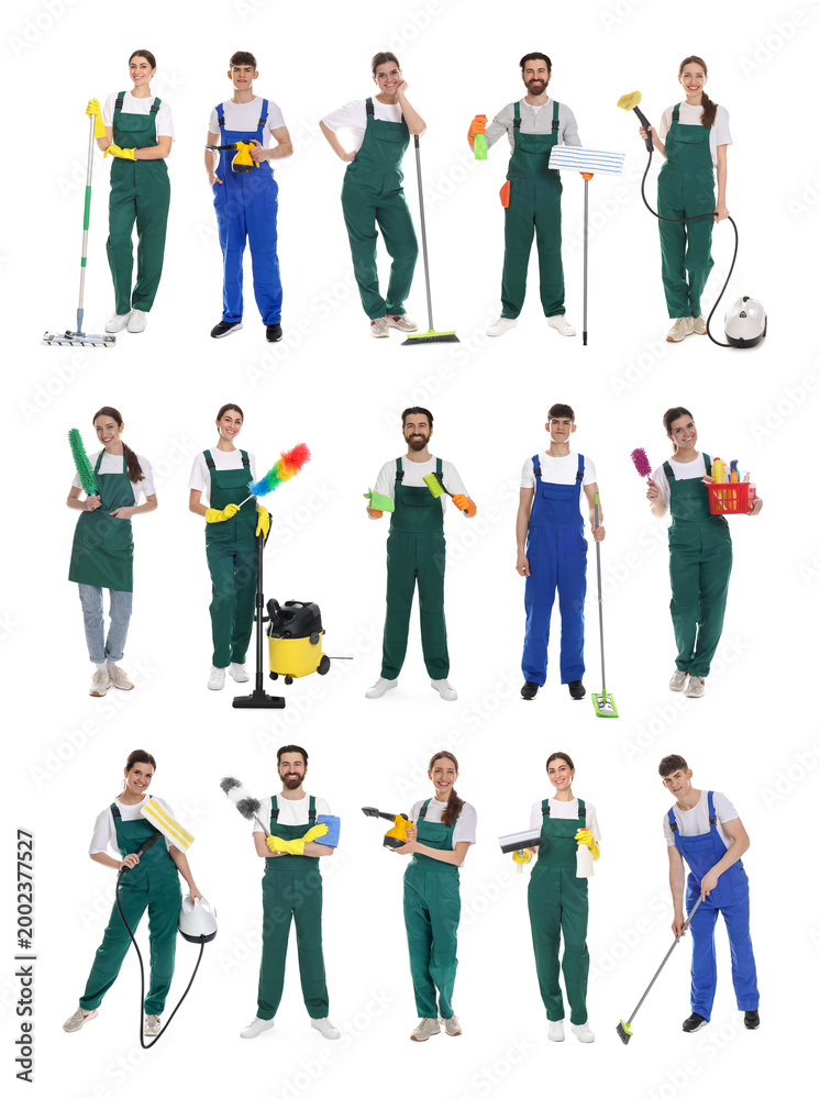 Obraz premium Cleaning service workers with supplies. Collection of portraits on white background