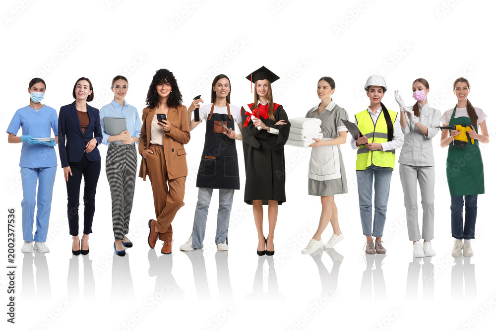 Obraz premium Choice of profession. Graduate student and women of various occupations on white background