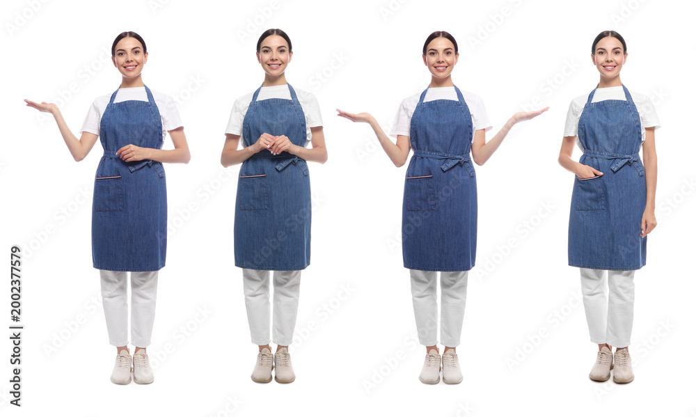 Obraz premium Woman wearing blue denim apron on white background. Collection of portraits