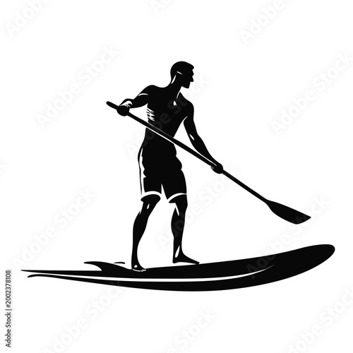 Man balancing on paddleboard while using paddle in calm waters. Dynamic movement of man on paddleboard illustrates water sport activity and balance.