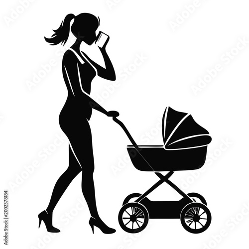Woman on call pushing stroller while talking on phone with casual elegance, strolling in urban setting. Woman on call embraces multitasking with child stroller. Concept woman on call in daily life.