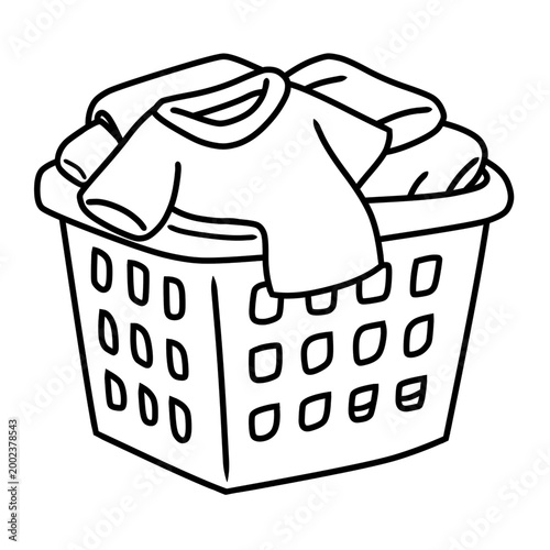 Fotografía A black and white line drawing of a laundry basket filled with clothes