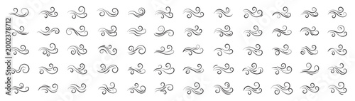 Dynamic Set of Wind and Air Flow Movement Icons on Isolated White Background