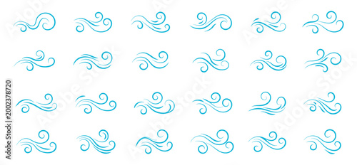 Strong wind line icon set. Windy weather, Airflow, wind flow symbol. Natural wind icons. Windy blow logo, label, badge, sticker, symbol, emblem, stamp, black, line, flat vector isolated illustration.