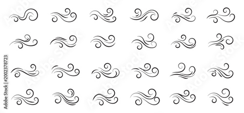 Strong wind line icon set. Windy weather, Airflow, wind flow symbol. Natural wind icons. Windy blow logo, label, badge, sticker, symbol, emblem, stamp, black, line, flat vector isolated illustration.