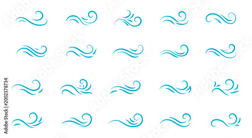 Wind linear sketch set, wind blow line icon. Isolated vector illustration. Wind motion, air blow, swirl elements. Air blow motion, smoke flow art, windy weather symbol, abstract curved line.