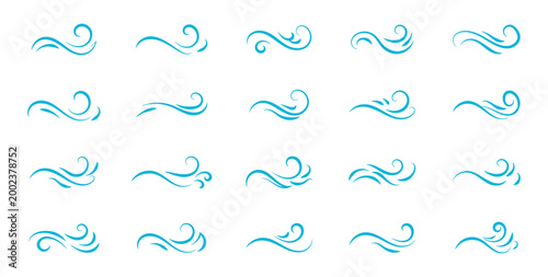 Set of swirl line wind doodle. Hand drawn curve line, air wind flow, doodle wind motion, swirl elements, wind line sketch. Vector illustration