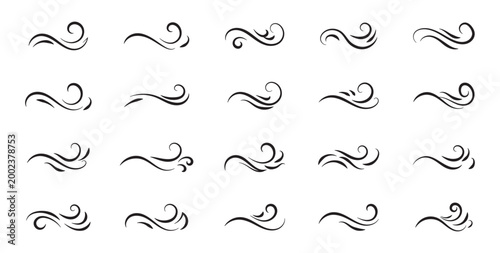 Set of swirl line wind doodle. Hand drawn curve line, air wind flow, doodle wind motion, swirl elements, wind line sketch. Vector illustration
