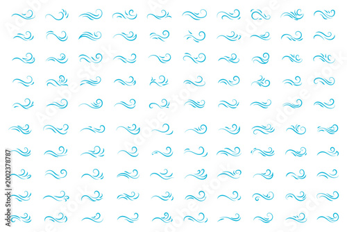 Blowing wind icon collection in black on a white background, set of wind blow line icons, vector illustrations representing air flow
