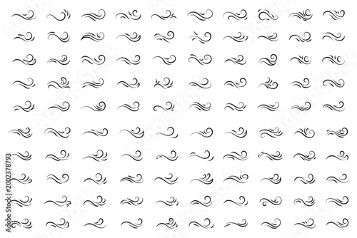Doodle wind line sketch set. Hand drawn doodle wind motion, air blow, swirl elements. Sketch drawn air blow motion, smoke flow art, abstract line. Isolated on white background . vector illustration.