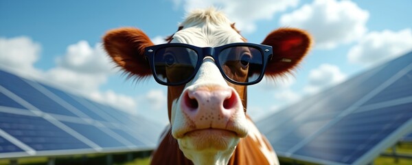 Cow with sunglasses stands near solar panels outdoors. This funny farm animal represents eco energy, sustainability. Clean power concept is demonstrated with playful animal. Sunny day for green tech.