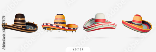3D sombrero set. Colorful mexican hats with different ornament. Traditional latin culture symbol, rendering vector illustration, isolated decorative design elements