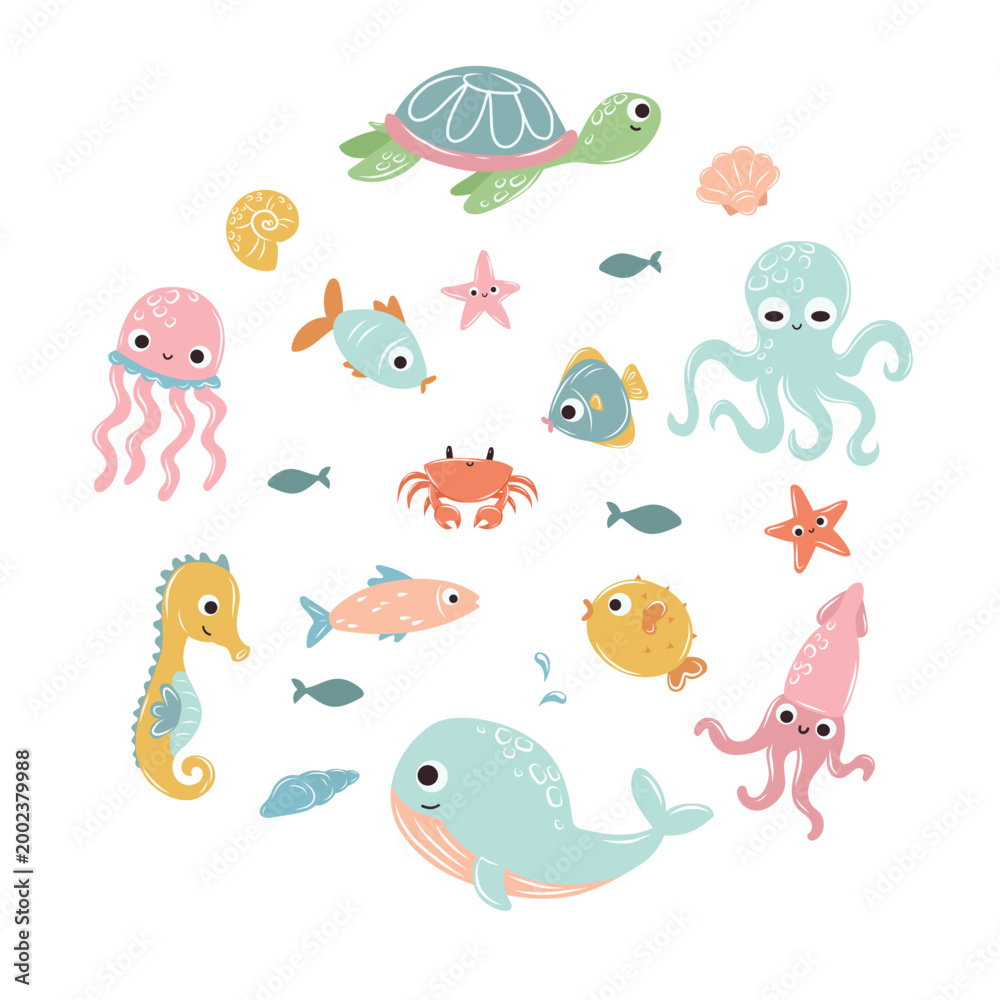 Obraz premium Circular nautical nursery wreath with cute marine animals for stickers