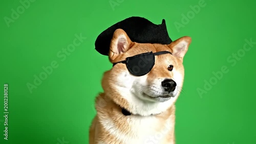 A cute Shiba Inu dog dressed as a pirate, wearing a black hat and eye patch, posing in front of a green screen.