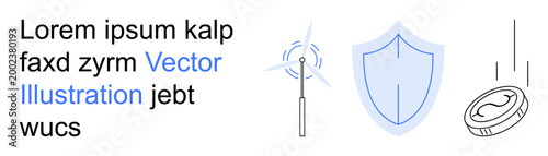 Renewable energy, data security, digital currency, green technology, wind energy, financial systems. Abstract minimalist drawings of a wind turbine, shield and coin. Renewable energy and data