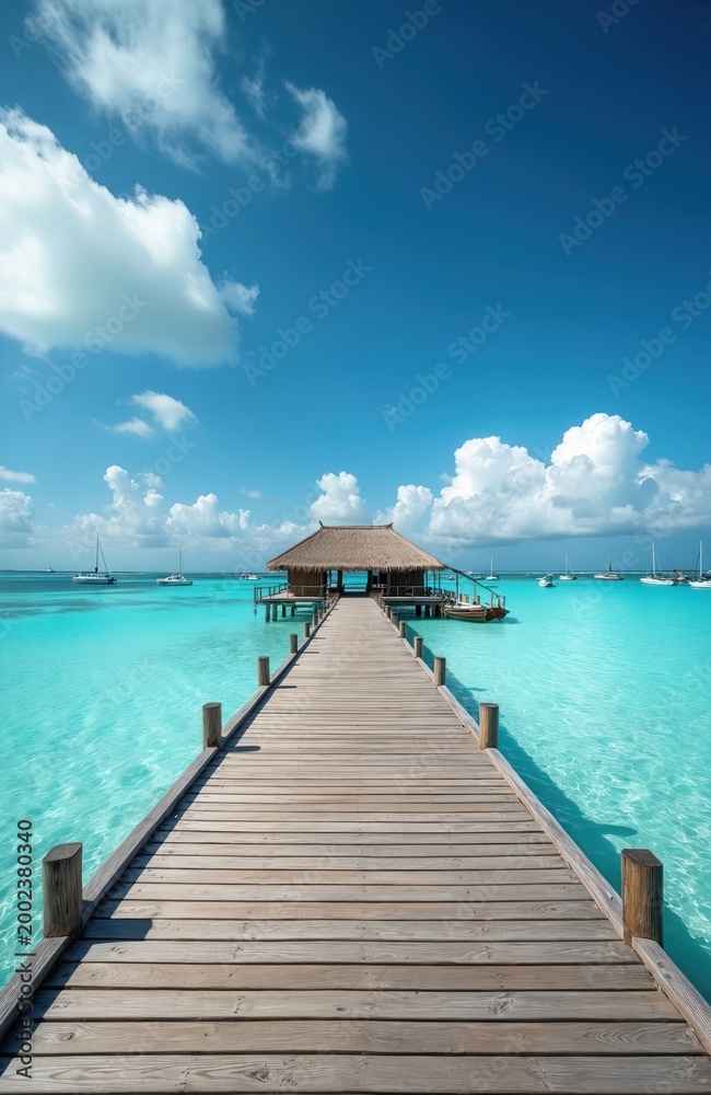 Fototapeta premium Wooden pier leads to thatched hut over clear turquoise ocean water. Sailboats float on calm sea under blue sky with white clouds. Tropical island paradise destination.