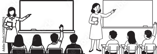 Teacher Teaching Students in Classroom – Black and White Education Line Art Vector Illustration