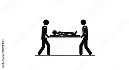 Emergency pictogram depicting two individuals carrying a patient on a stretcher for urgent medical assistance.