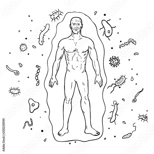 Drawing sketch style illustration of a human anatomy front view attacked by virus, bacteria, germ, microorganisms on isolated background done in black and white line art.