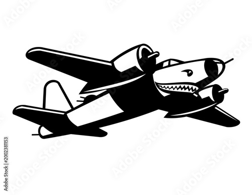 Retro logo style illustration of a B-26 Marauder, an American twin-engined medium bomber flown during World War II, in full flight done in black and white on isolated background.